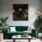 Dimly Beleuchtete Stiege In Einem Gotischen Raums Mit Vaulted Ceiling