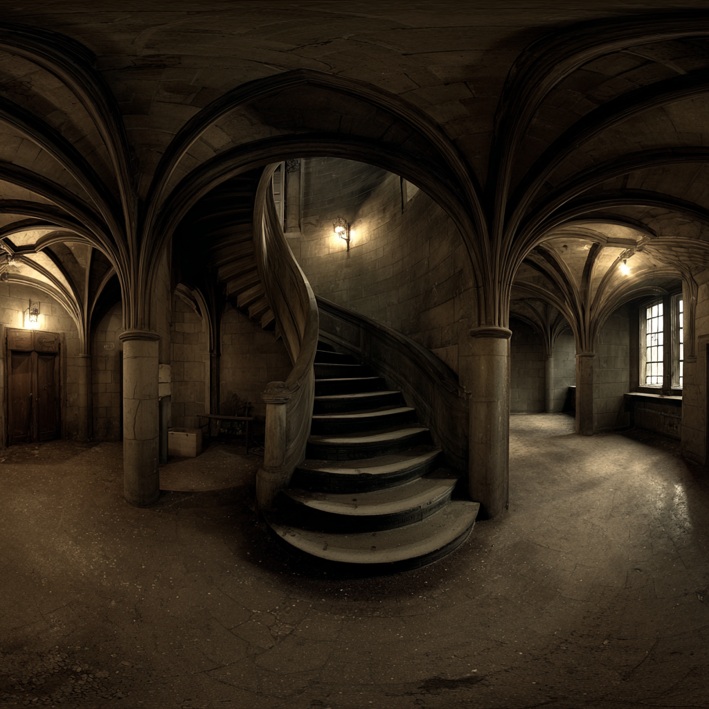 Dimly Beleuchtete Stiege In Einem Gotischen Raums Mit Vaulted Ceiling | Tueren Treppen und Tore | Architektur