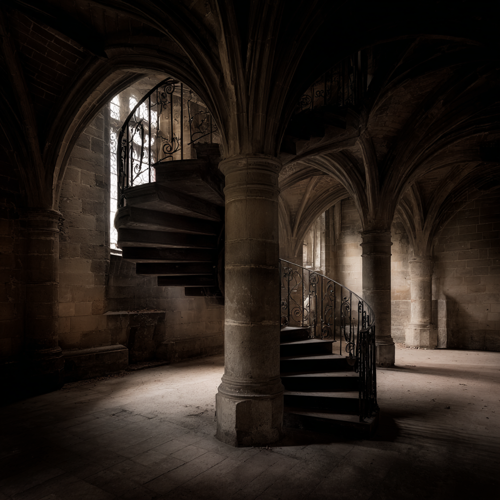 Dunkler Innenraum Mit Spiraltreppe Und Steinmaürn | Tueren Treppen und Tore | Architektur