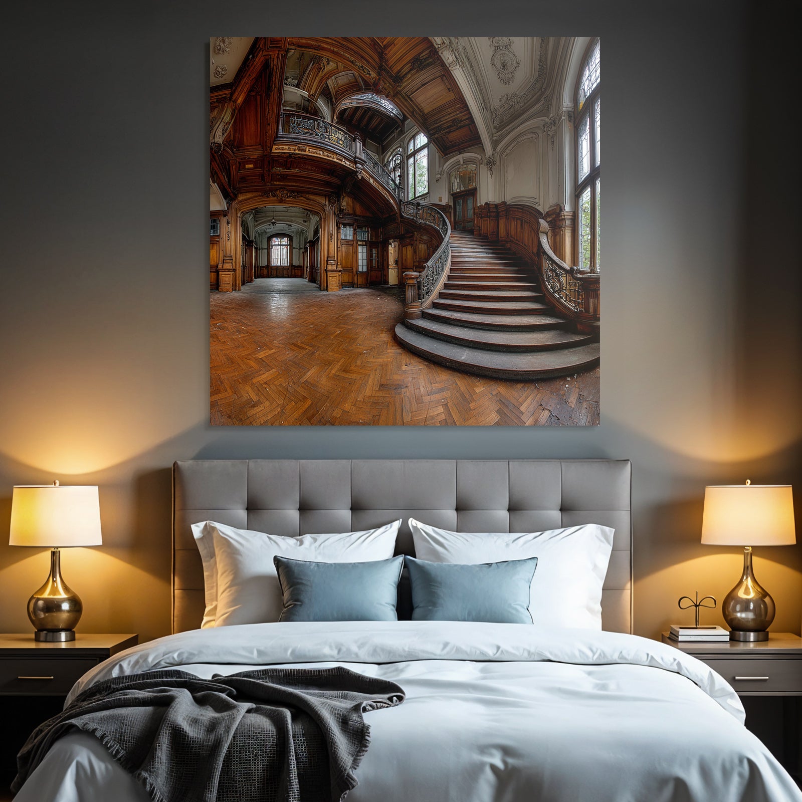 Elegante Verlassene Innenaufnahme Mit Grand Treppe Und Ornamenten