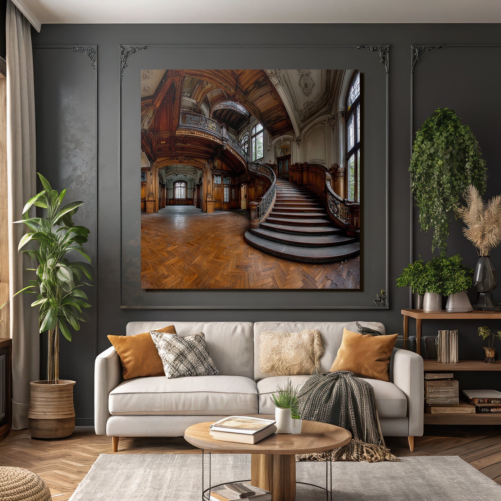 Elegante Verlassene Innenaufnahme Mit Grand Treppe Und Ornamenten