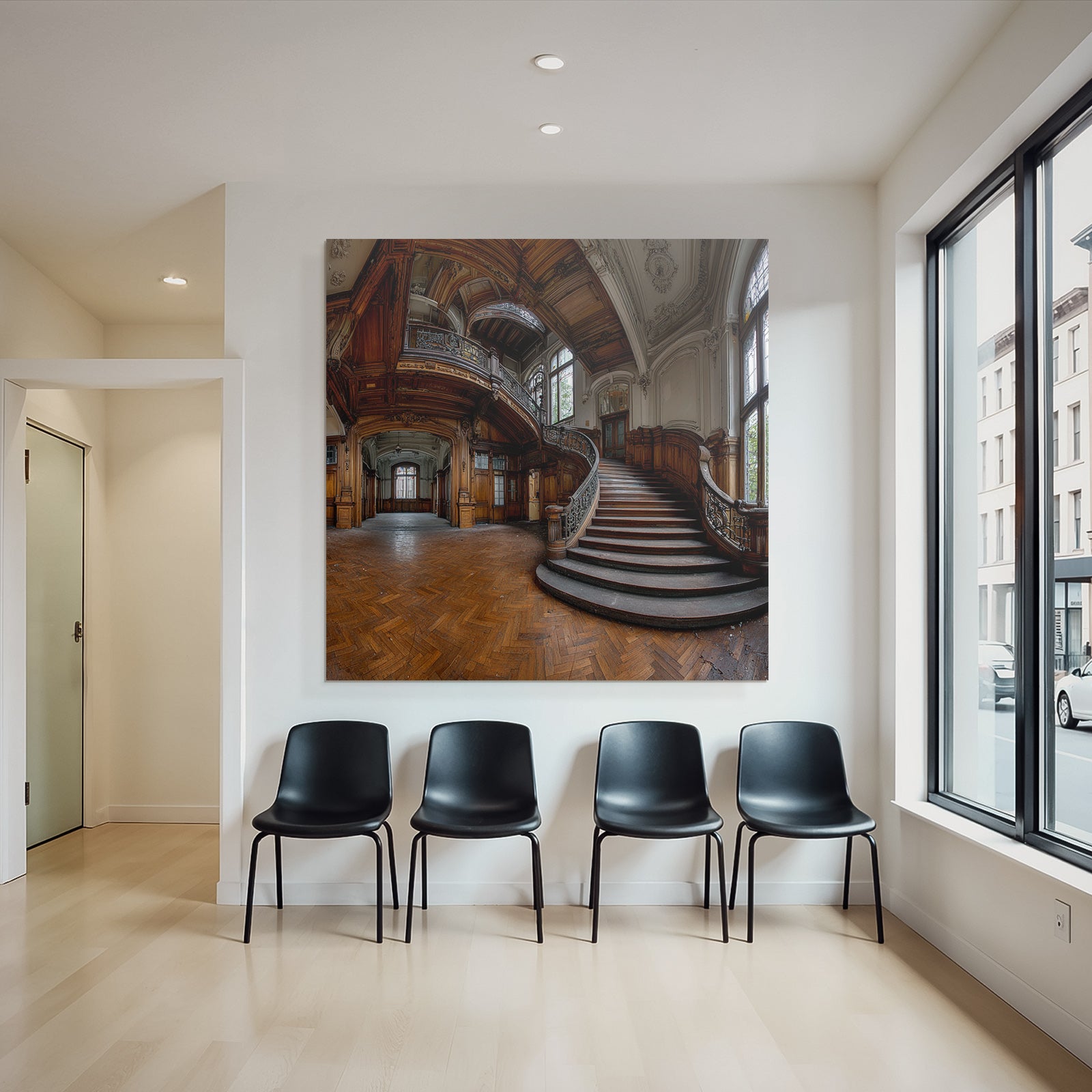 Elegante Verlassene Innenaufnahme Mit Grand Treppe Und Ornamenten