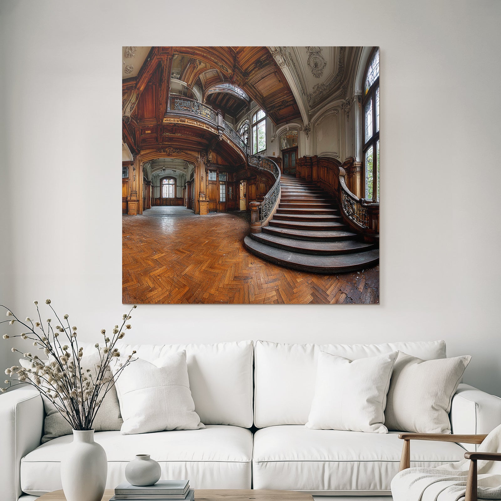 Elegante Verlassene Innenaufnahme Mit Grand Treppe Und Ornamenten