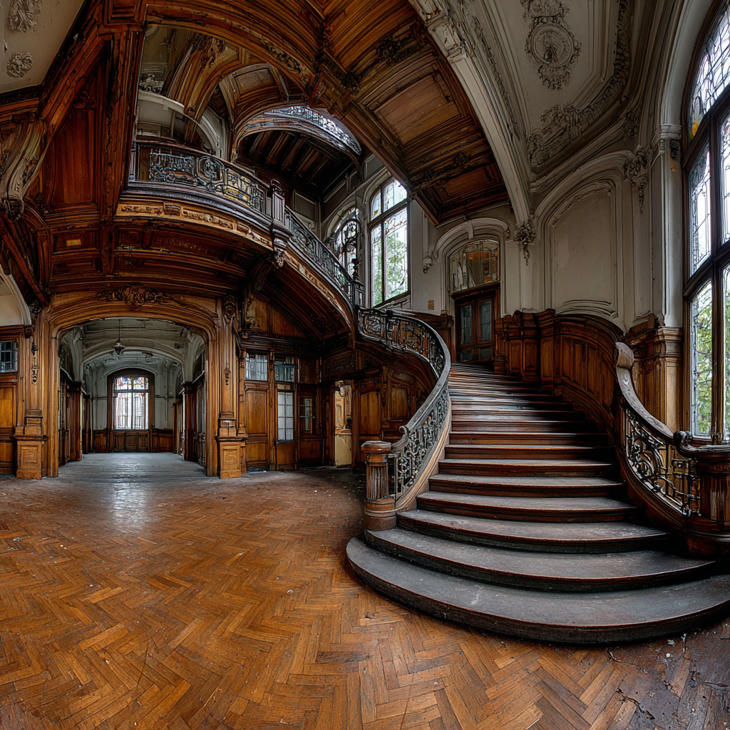 Elegante Verlassene Innenaufnahme Mit Grand Treppe Und Ornamenten | Tueren Treppen und Tore | Architektur