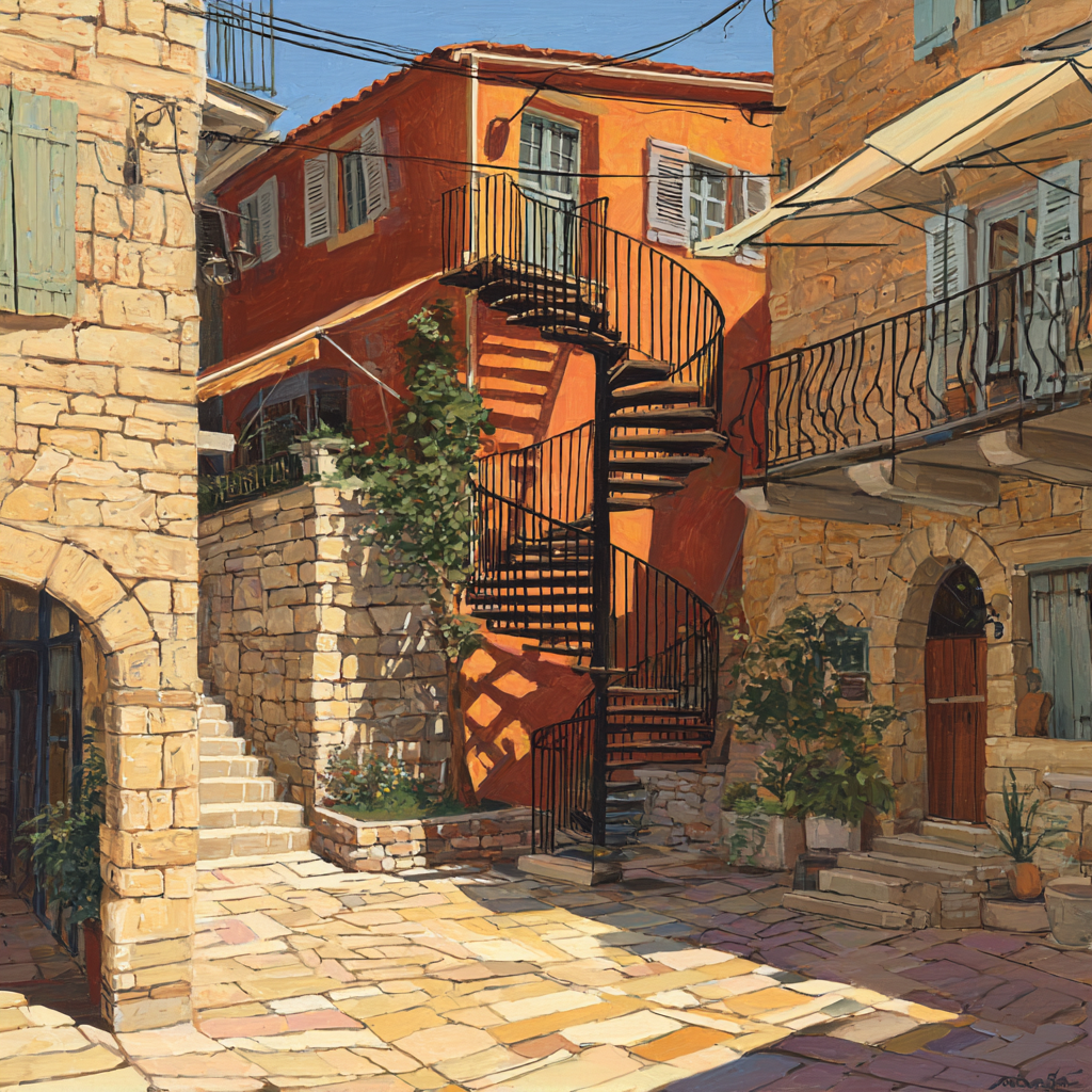 Malerische Städtische Szene Mittelmeer Style Hof Gasse Lebendige Farben | Tueren Treppen und Tore | Architektur