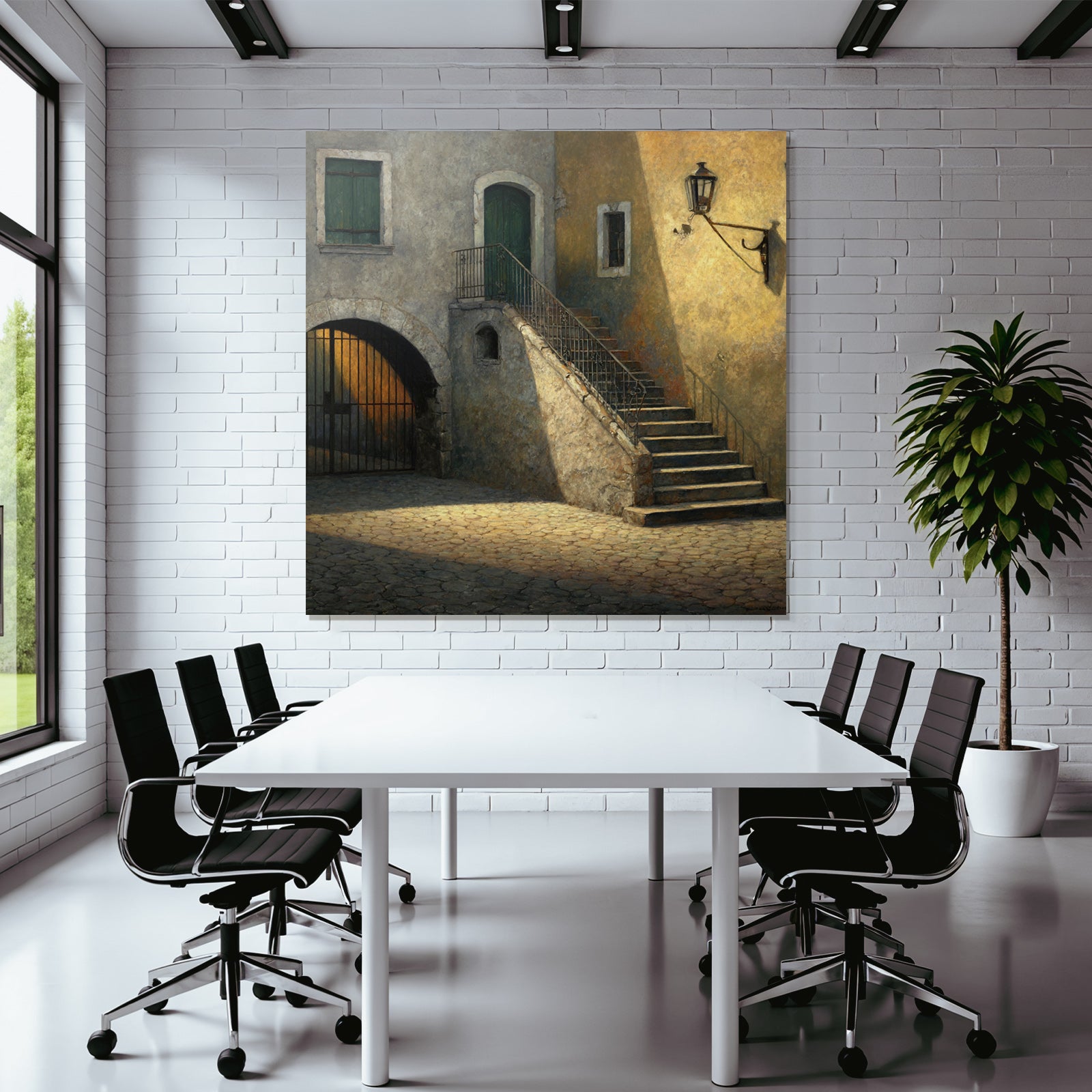 Ruhiger Hof Im Sonnenlicht Mit Treppe Und Eisenbahnzaun