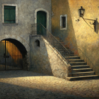 Ruhiger Hof Im Sonnenlicht Mit Treppe Und Eisenbahnzaun | Tueren Treppen und Tore | Architektur