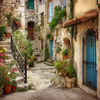 Schmale Strasse Historisches Dorf Blaü Türen Bunte Blumen | Tueren Treppen und Tore | Architektur