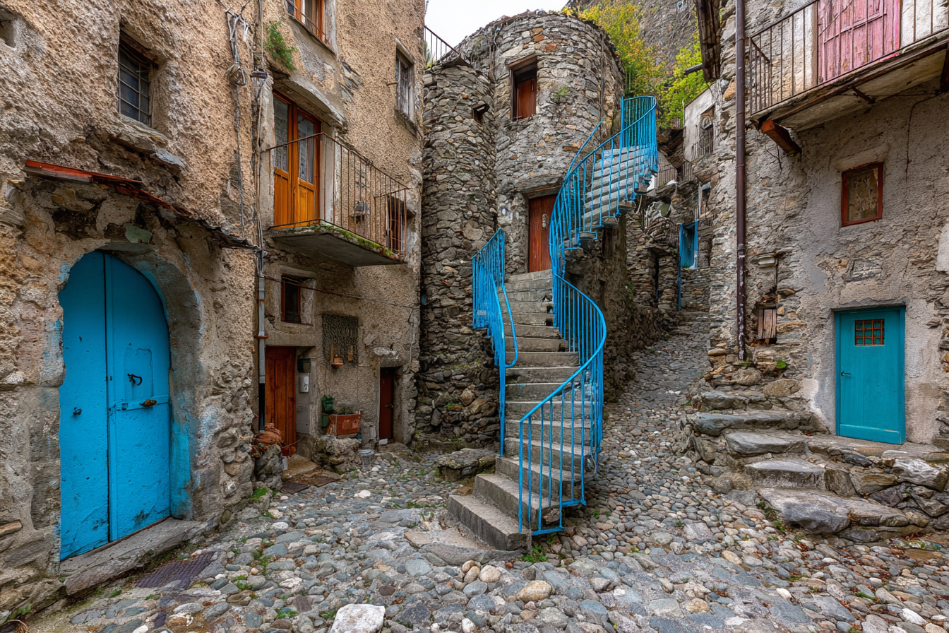 Atmosphärische Strassenszene Village Spiral Staircase Blaü Bränzung Steinbaürn | Tueren Treppen und Tore | Architektur