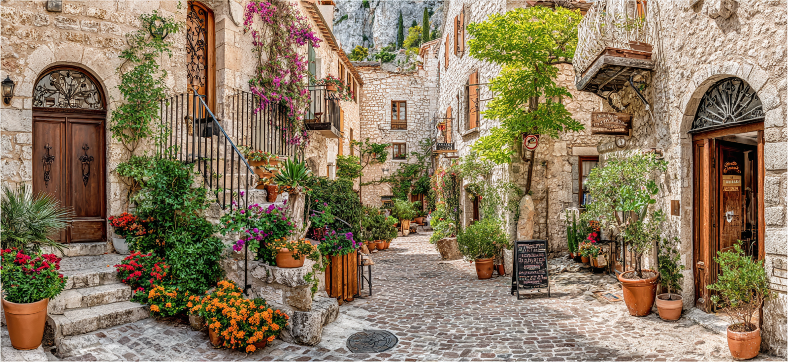 Charmante Strasse Im Stein Dorf Mit Blumen Töpfen Und Cobblestone Pfad | Tueren Treppen und Tore | Architektur