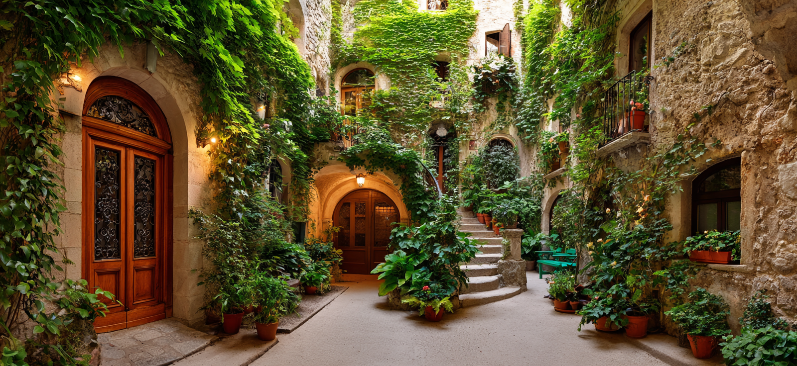 Charmanter Innenhof Mit Grüner Bewuchs Holztüren Und Pflanzen | Tueren Treppen und Tore | Architektur