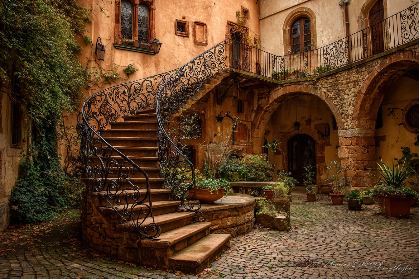 Charmanter Innenhof Mit Spiraltreppe Und W Lettert Journal Appel Plantzen | Tueren Treppen und Tore | Architektur