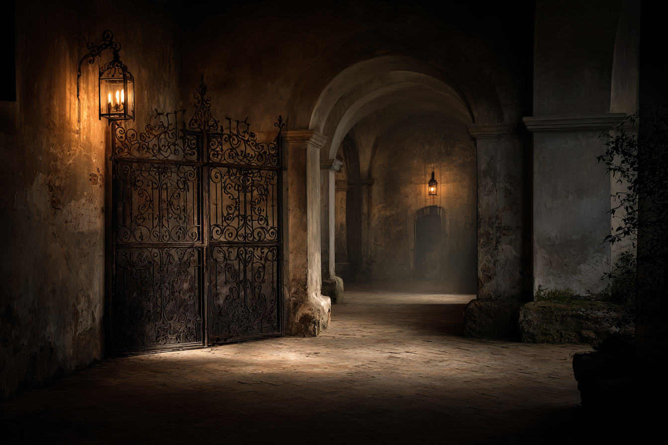 Dimly Illuminated Korridor Mit Eisen Gitter Und Stein Wänden | Tueren Treppen und Tore | Architektur
