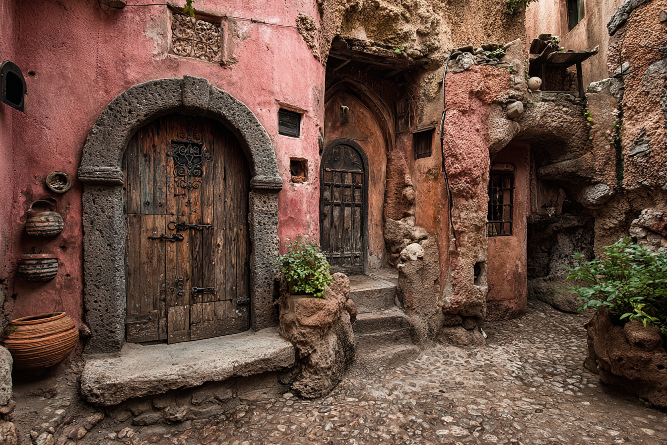 Farbenfrohe Gasse Mit Holztüren Und Steinen Aus Einer Historischen Region | Tueren Treppen und Tore | Architektur