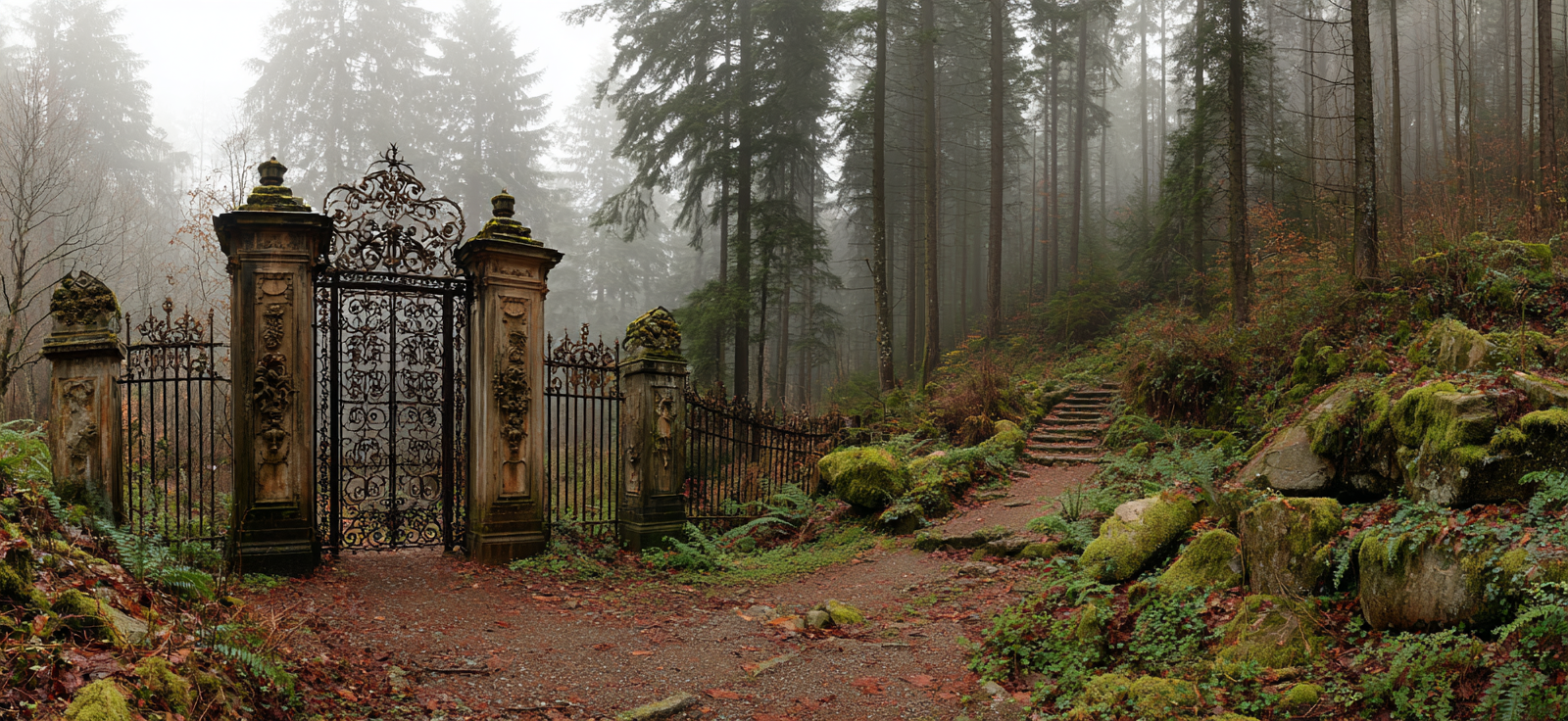 Mistiger Wald Elegantes Tor Weg Ins Unbekannte | Tueren Treppen und Tore | Architektur
