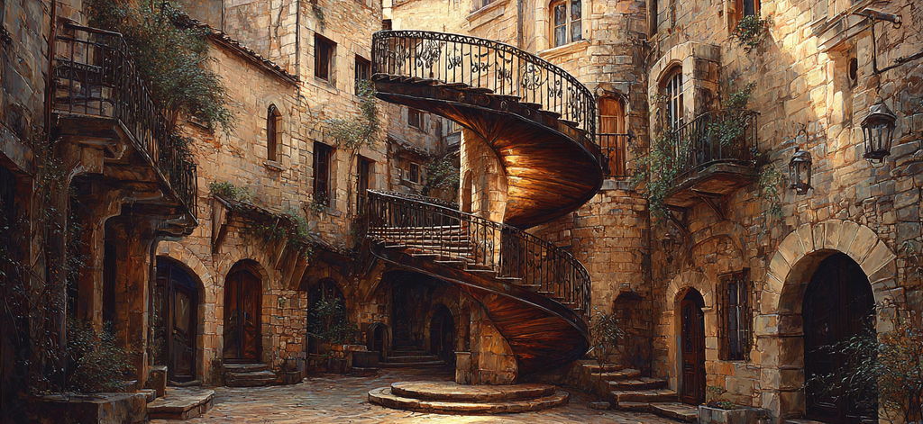Mittelalterlicher Innenhof Spiraltreppe Steinbau Vor Der Vine Bei Sonnenschein | Tueren Treppen und Tore | Architektur