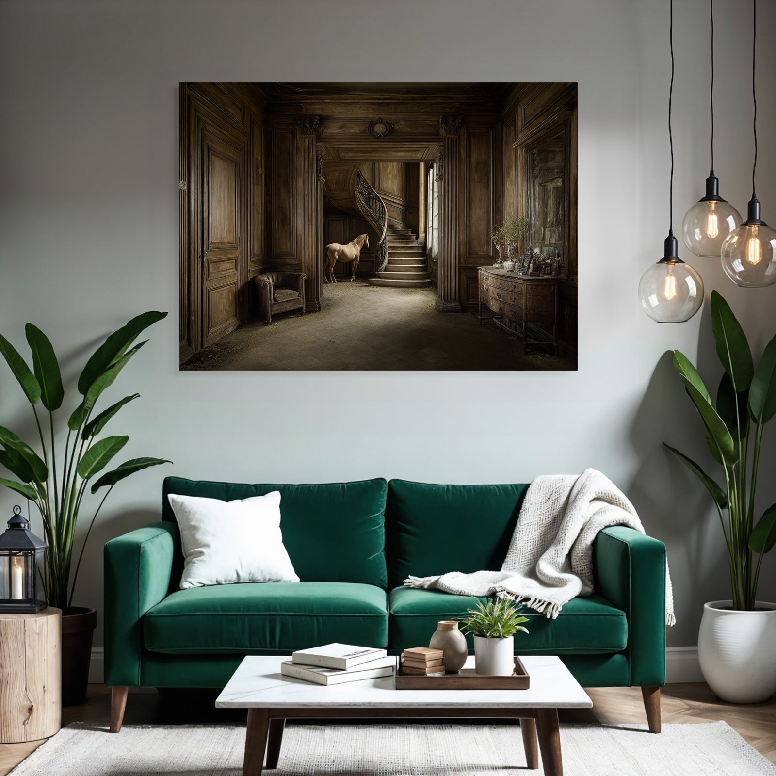 Opulente Aber Verlassene Innenansicht Mit Pferd Und Treppe