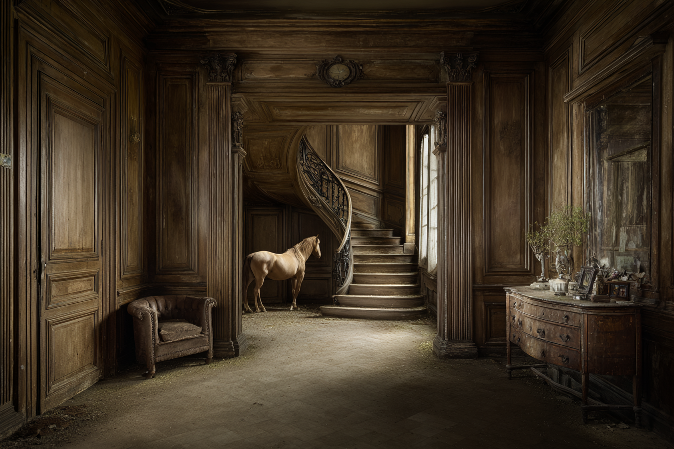 Opulente Aber Verlassene Innenansicht Mit Pferd Und Treppe | Tueren Treppen und Tore | Architektur
