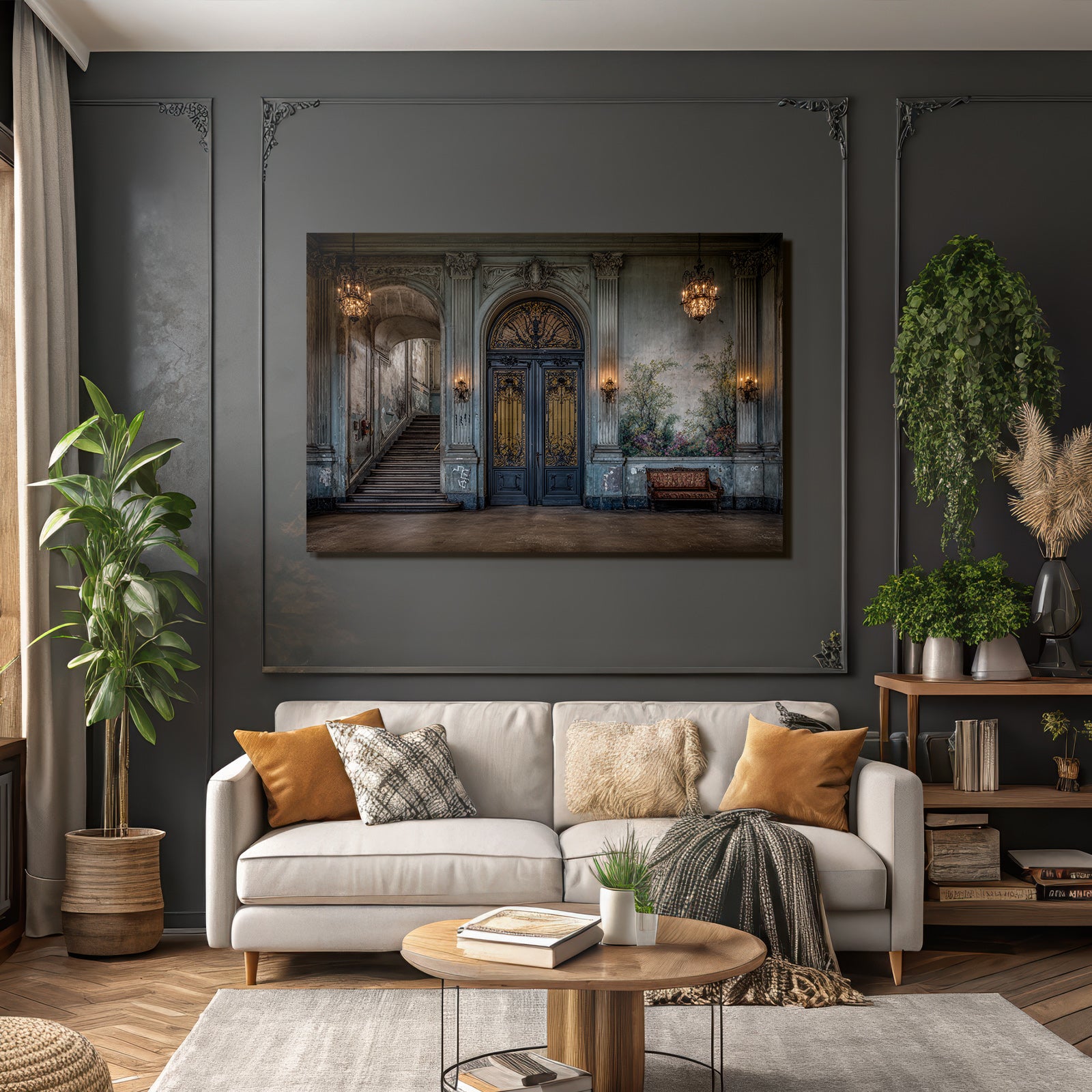Ornate Interior Historic Building Mural Chandeliers Stairs Bench