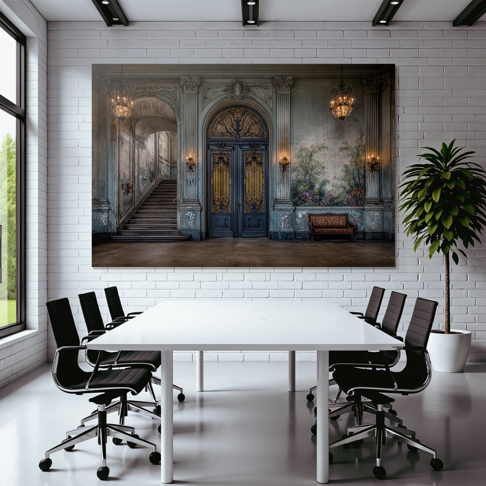 Ornate Interior Historic Building Mural Chandeliers Stairs Bench