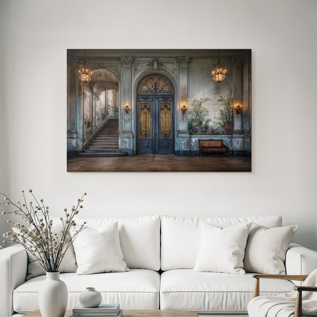 Ornate Interior Historic Building Mural Chandeliers Stairs Bench