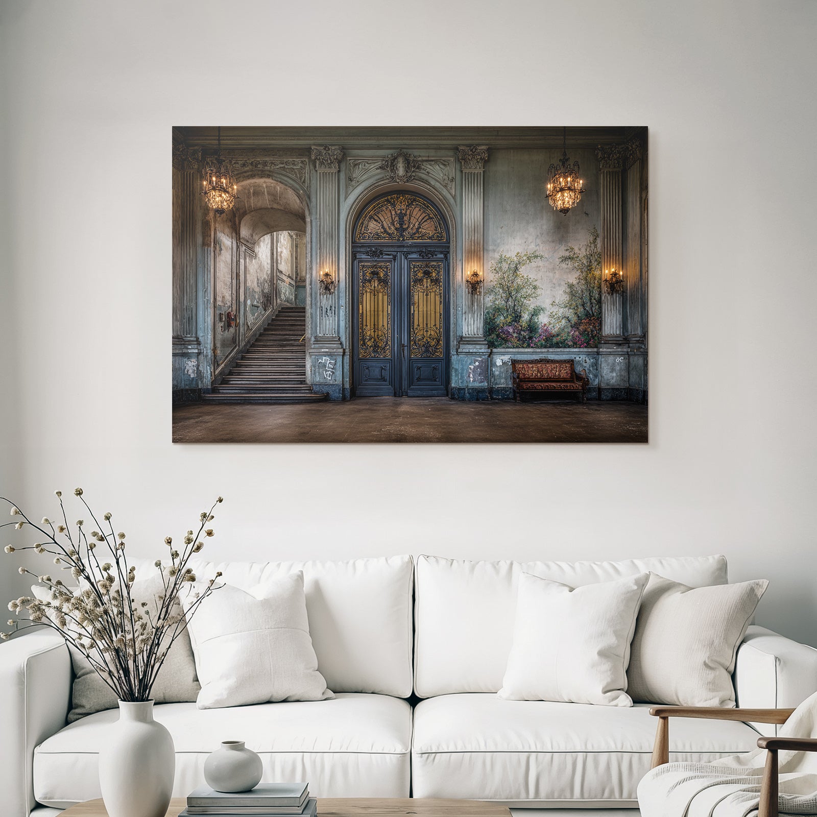 Ornate Interior Historic Building Mural Chandeliers Stairs Bench