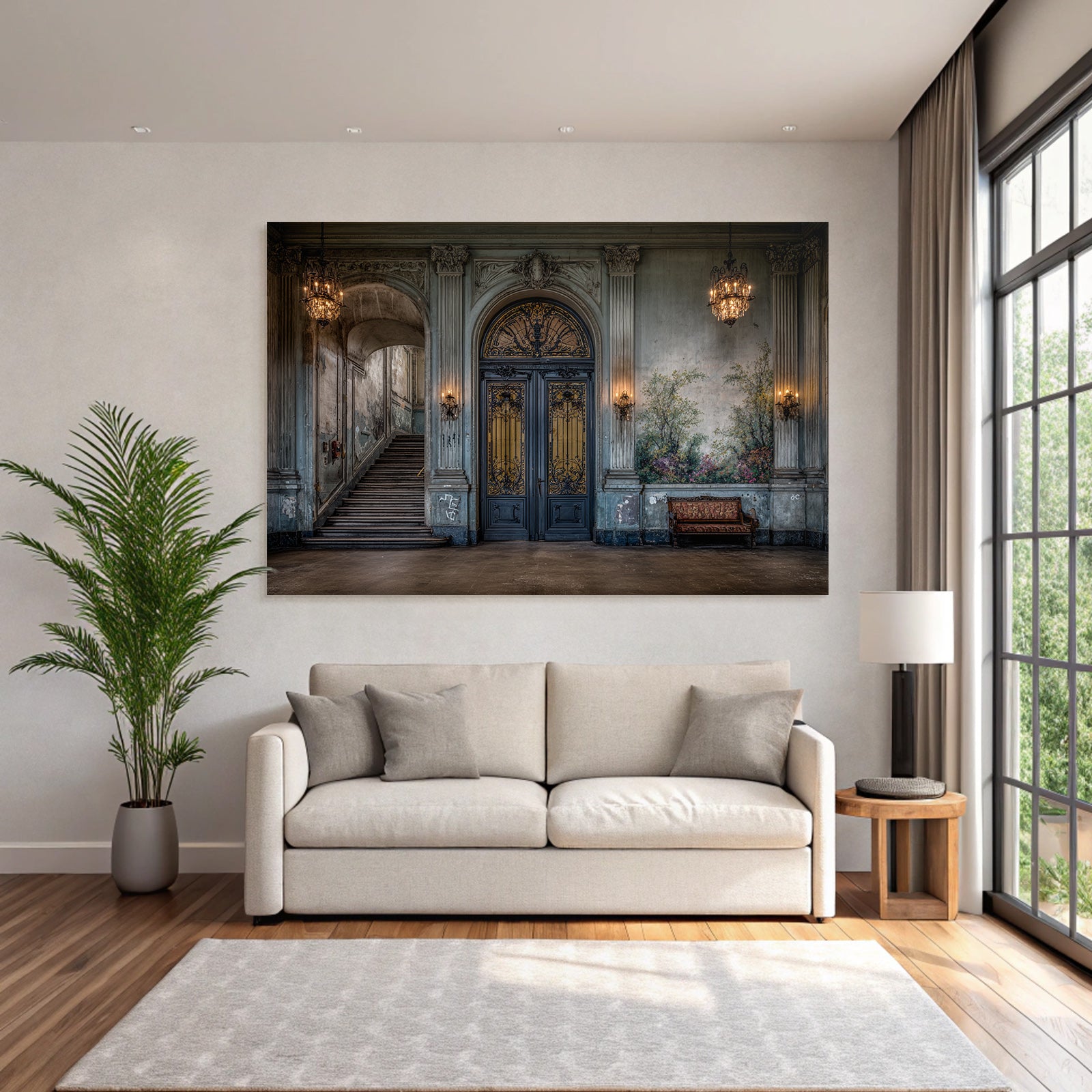 Ornate Interior Historic Building Mural Chandeliers Stairs Bench