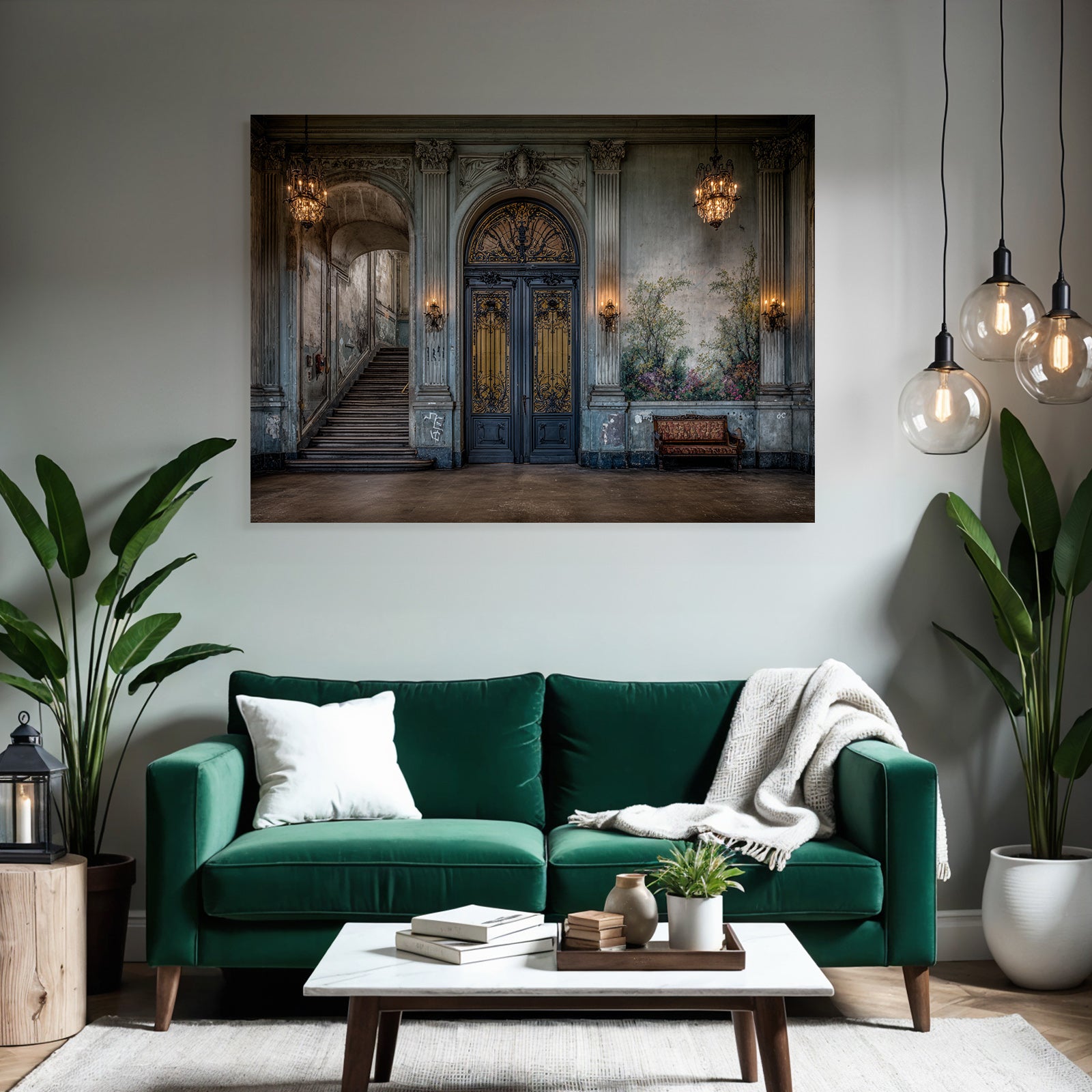 Ornate Interior Historic Building Mural Chandeliers Stairs Bench