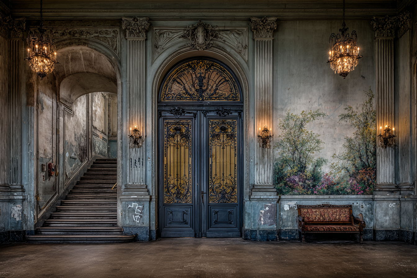 Ornate Interior Historic Building Mural Chandeliers Stairs Bench | Tueren Treppen und Tore | Architektur