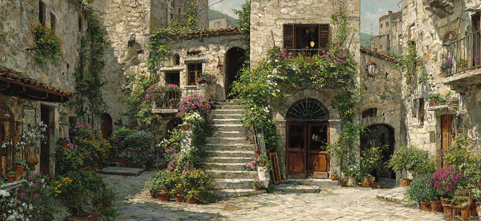 Rustikaler Innenhof Im Stein Dorf Mit Blumen Und Pflanzen | Tueren Treppen und Tore | Architektur