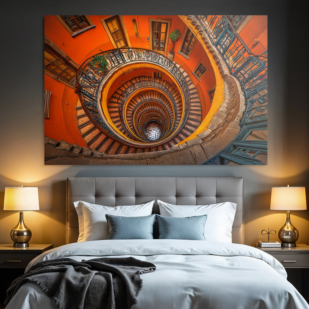 Spiral Staircase Mit Holzschritten Und Orientiertem Geländer Orange Wand Dekoration