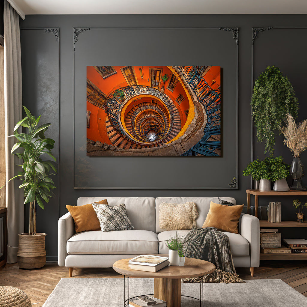 Spiral Staircase Mit Holzschritten Und Orientiertem Geländer Orange Wand Dekoration