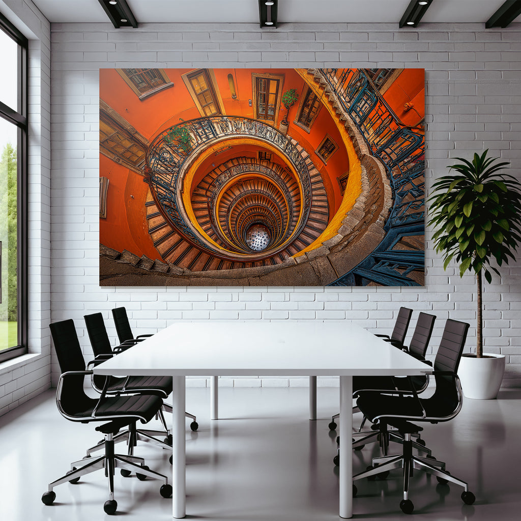 Spiral Staircase Mit Holzschritten Und Orientiertem Geländer Orange Wand Dekoration