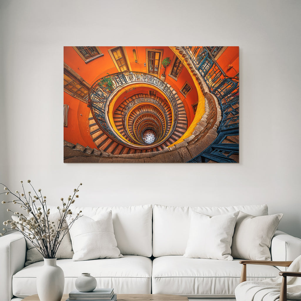 Spiral Staircase Mit Holzschritten Und Orientiertem Geländer Orange Wand Dekoration
