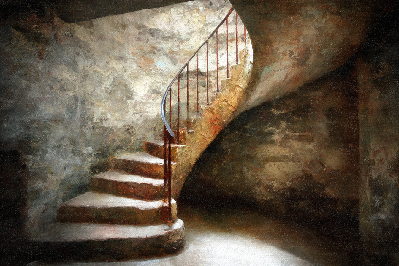 Spiral Staircase Rustikal Dimlicht Enviroment Schritte Steine Metallgeländer | Tueren Treppen und Tore | Architektur