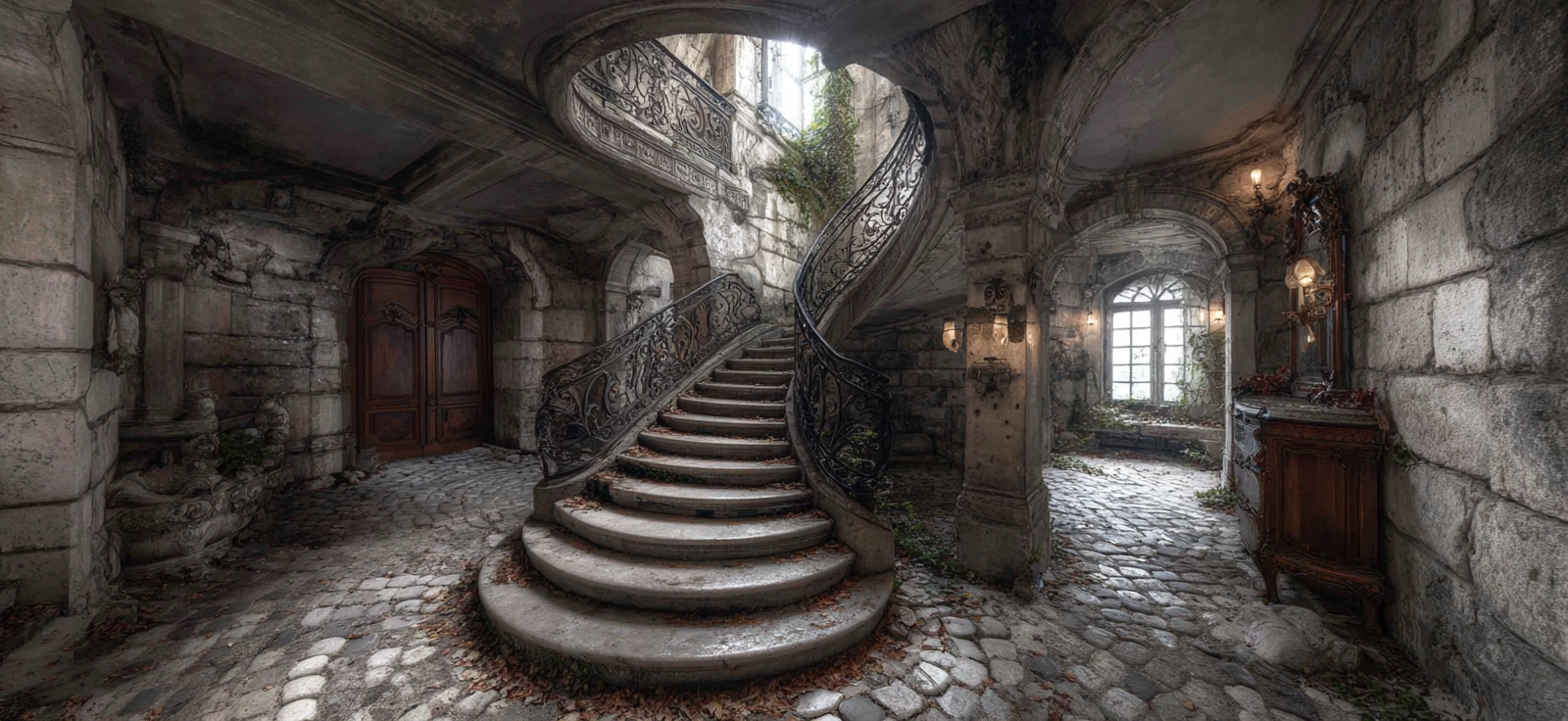 Verlassenes Historisches Innenraum Mit Grand Staircase Und Vinen | Tueren Treppen und Tore | Architektur