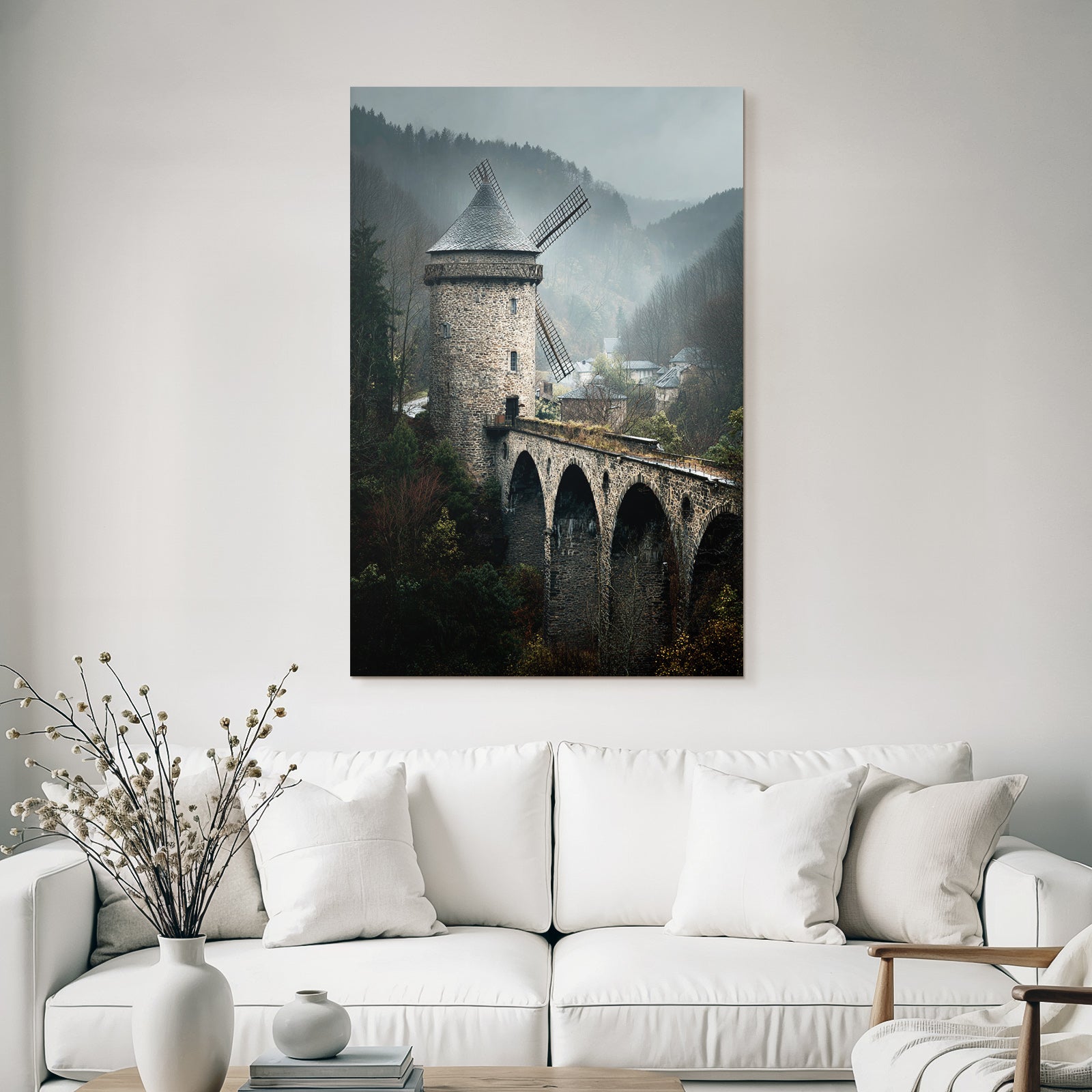 Alte Steinmühle Auf Brücke Im Nebel Umgebung Mit Wald