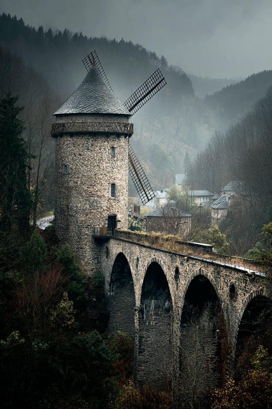 Alte Steinmühle Auf Brücke Im Nebel Umgebung Mit Wald | Windmuehlen Leuchttuerme Bruecken | Architektur