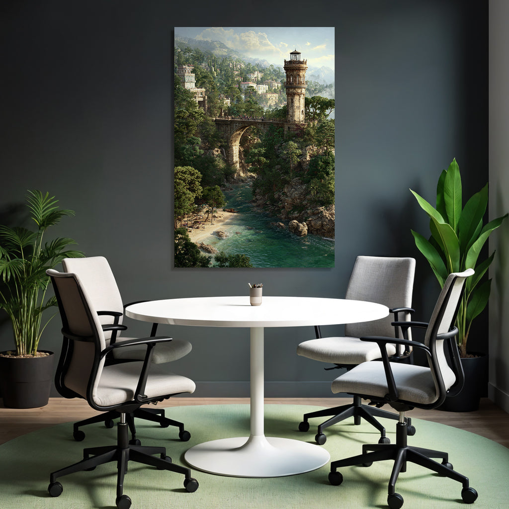 Landschaft Mit Brücke Turm Grünes Ufer Sandstrand Berge