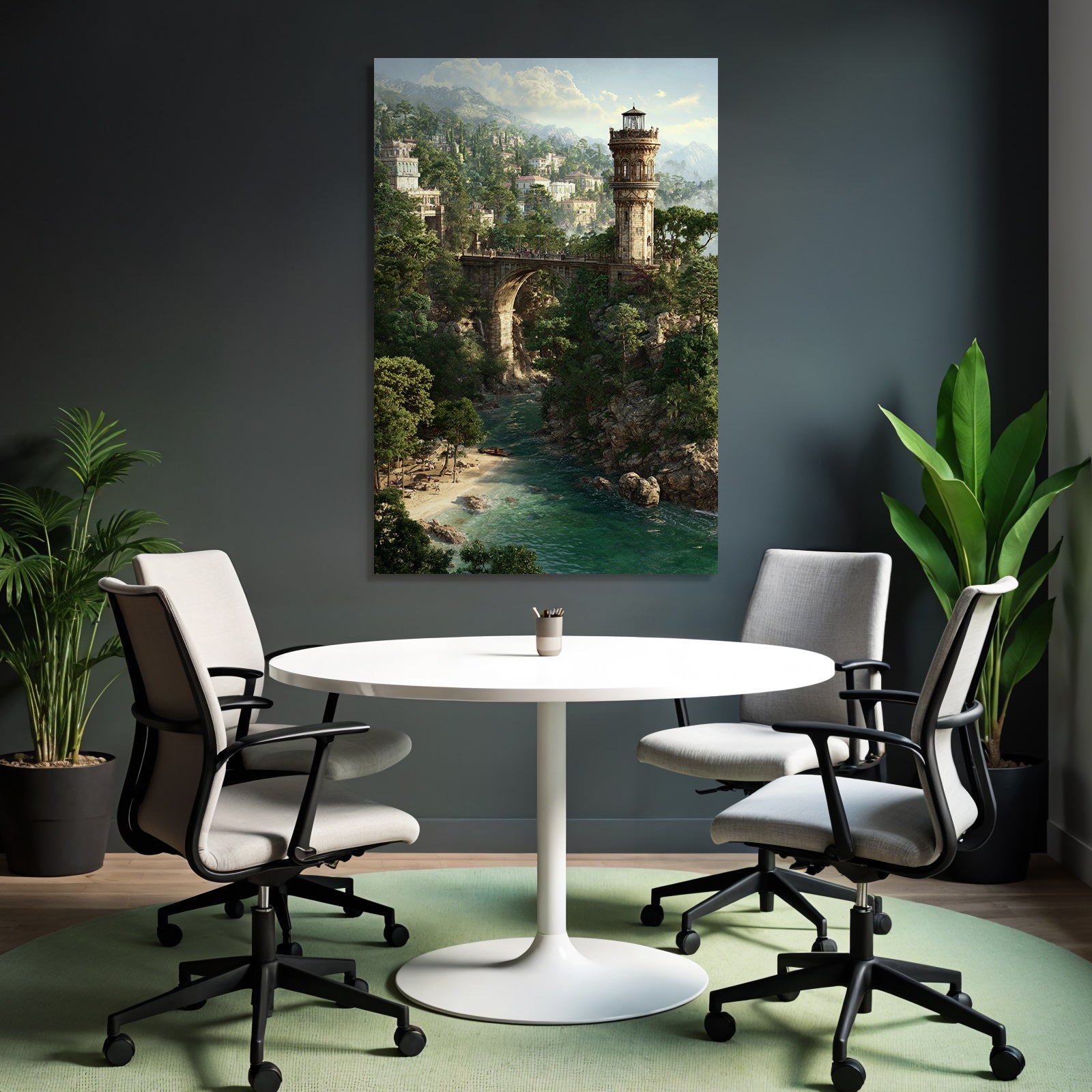 Landschaft Mit Brücke Turm Grünes Ufer Sandstrand Berge