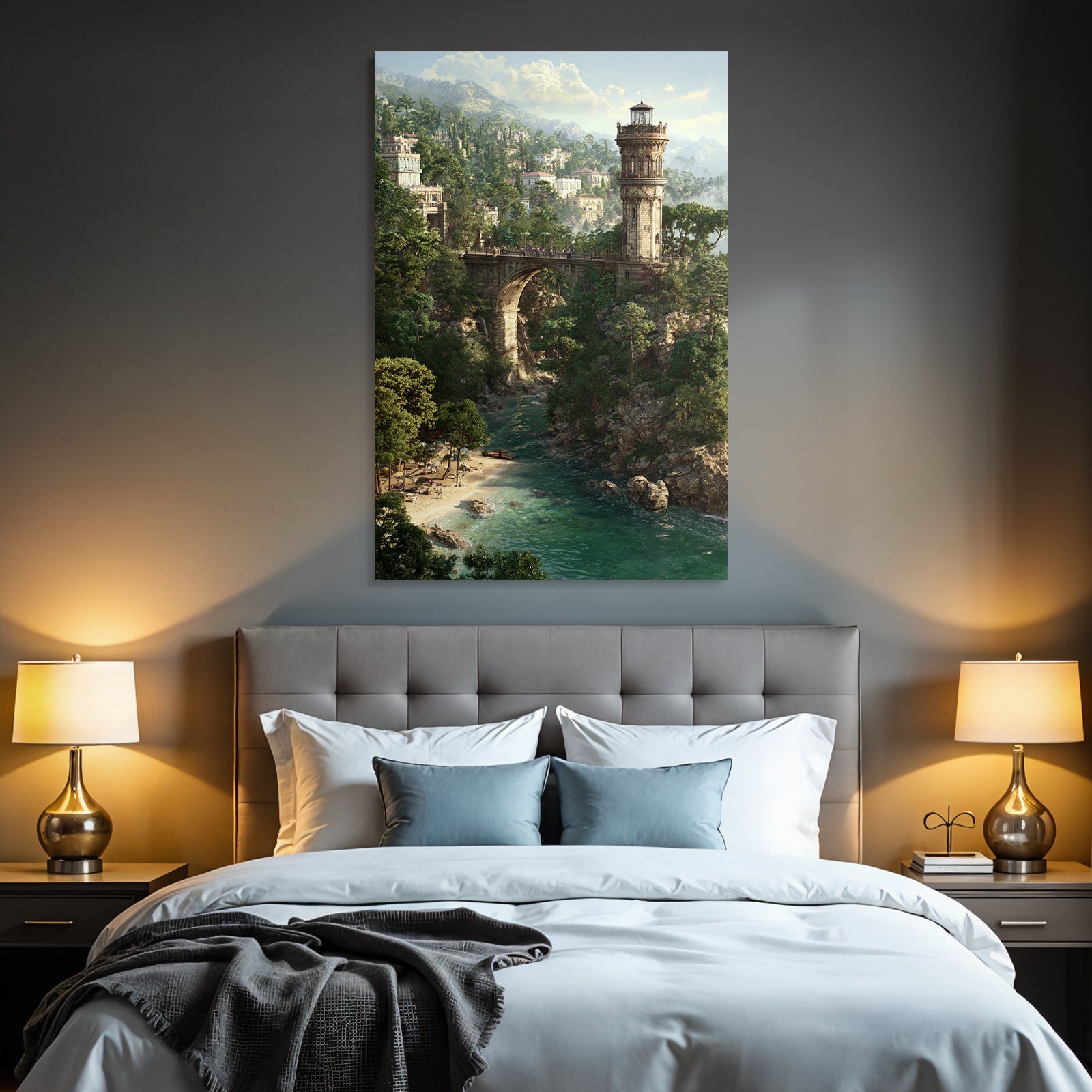 Landschaft Mit Brücke Turm Grünes Ufer Sandstrand Berge