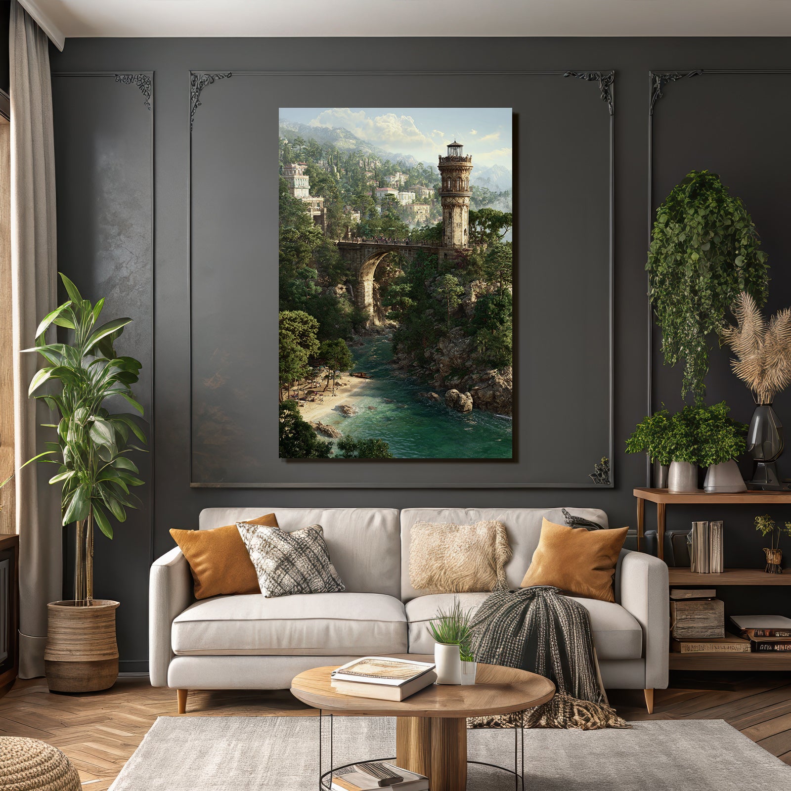 Landschaft Mit Brücke Turm Grünes Ufer Sandstrand Berge