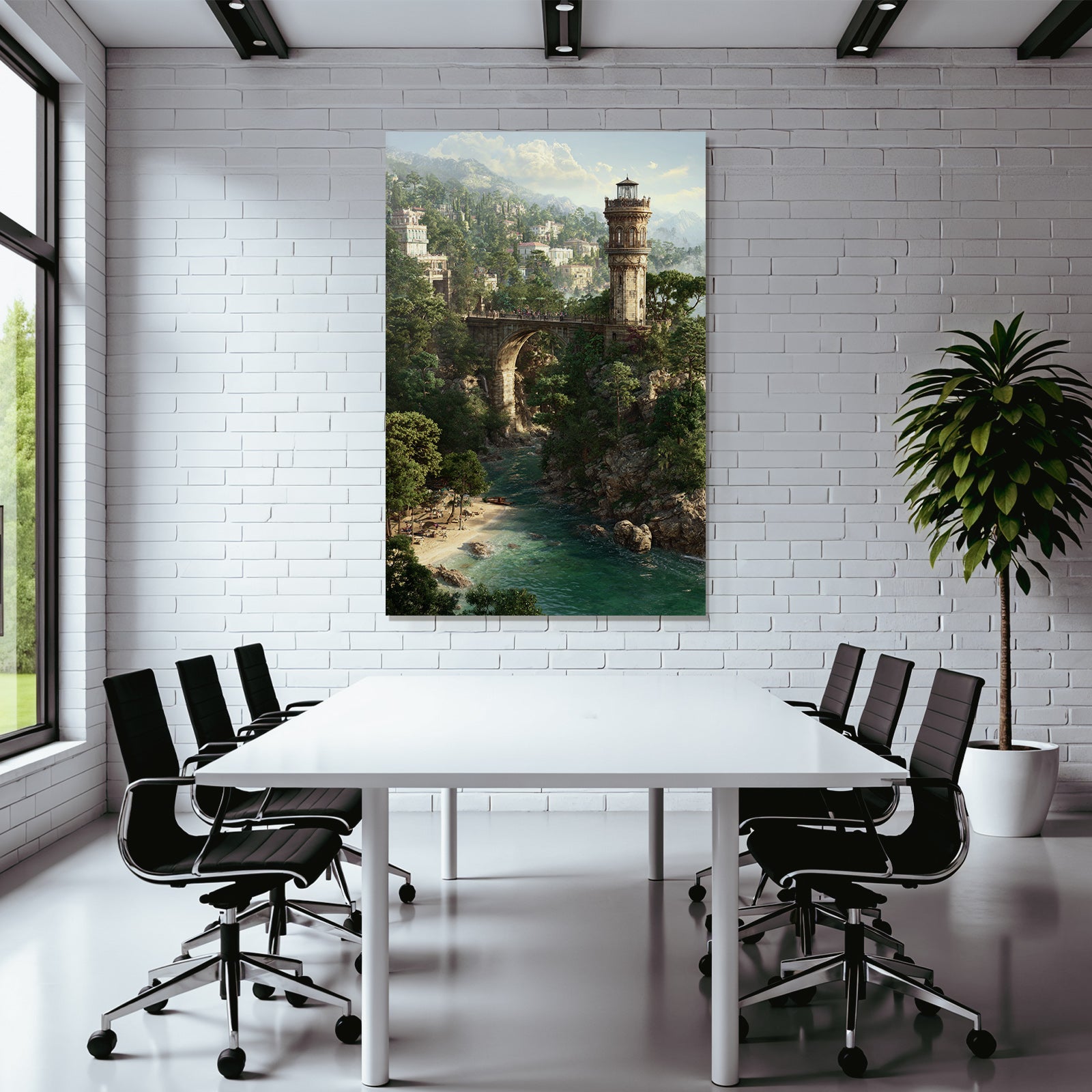 Landschaft Mit Brücke Turm Grünes Ufer Sandstrand Berge