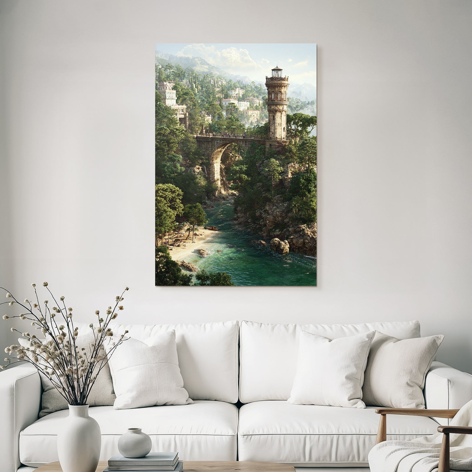 Landschaft Mit Brücke Turm Grünes Ufer Sandstrand Berge