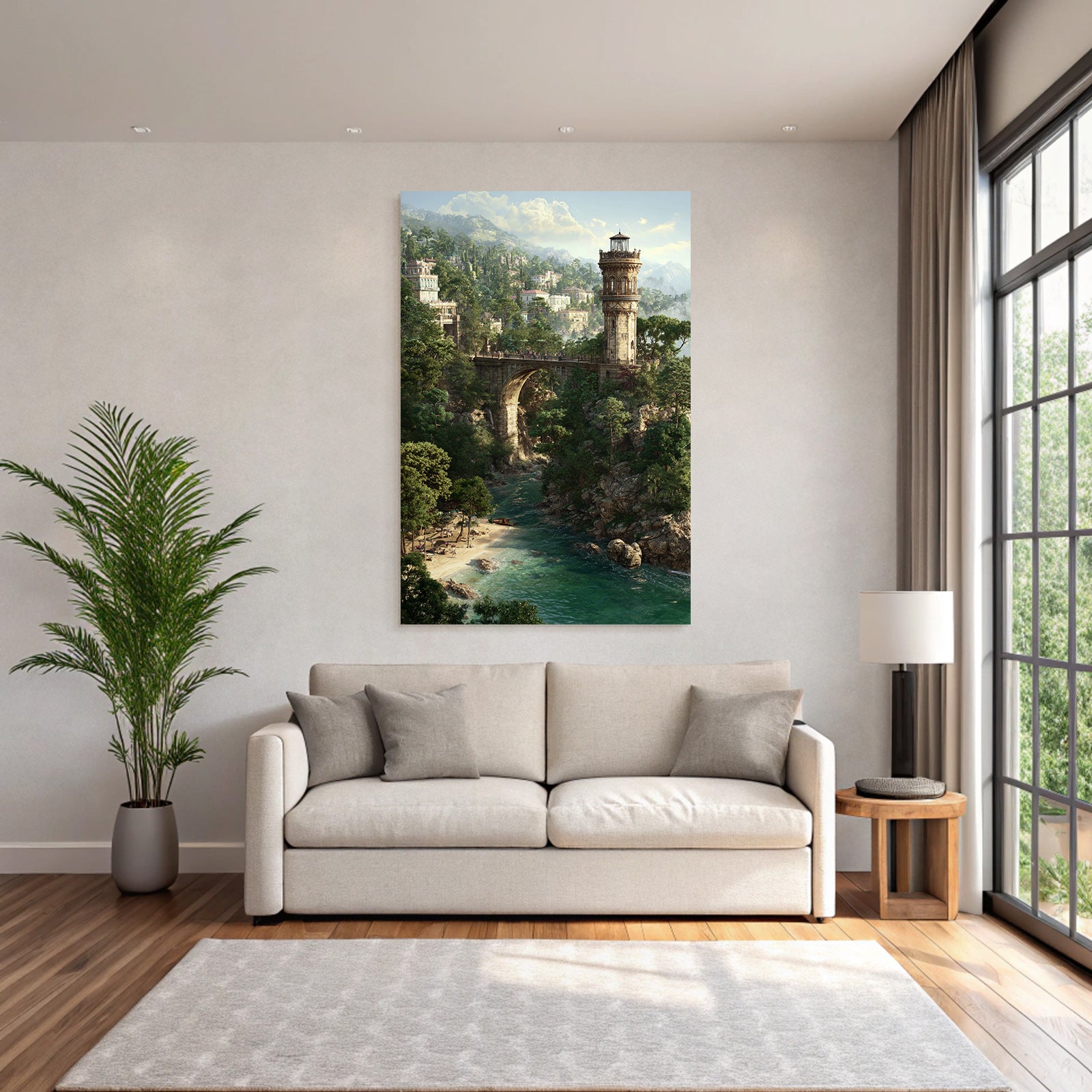 Landschaft Mit Brücke Turm Grünes Ufer Sandstrand Berge