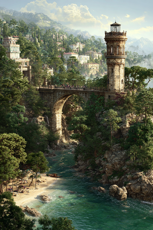 Landschaft Mit Brücke Turm Grünes Ufer Sandstrand Berge | Windmuehlen Leuchttuerme Bruecken | Architektur