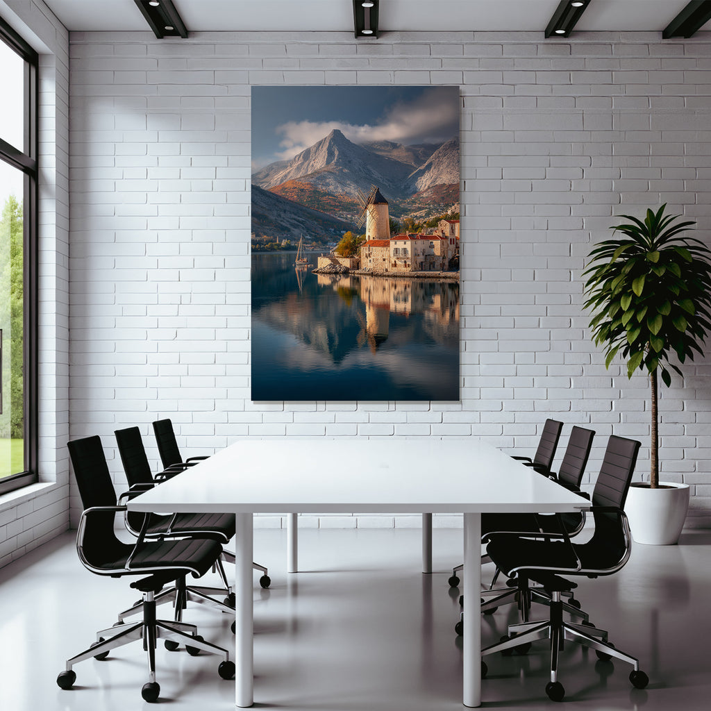 Landschaft Mit Windmühle Und Wasser Sonnenaufgang Oder Sonnenuntergang