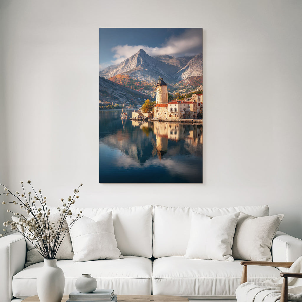 Landschaft Mit Windmühle Und Wasser Sonnenaufgang Oder Sonnenuntergang