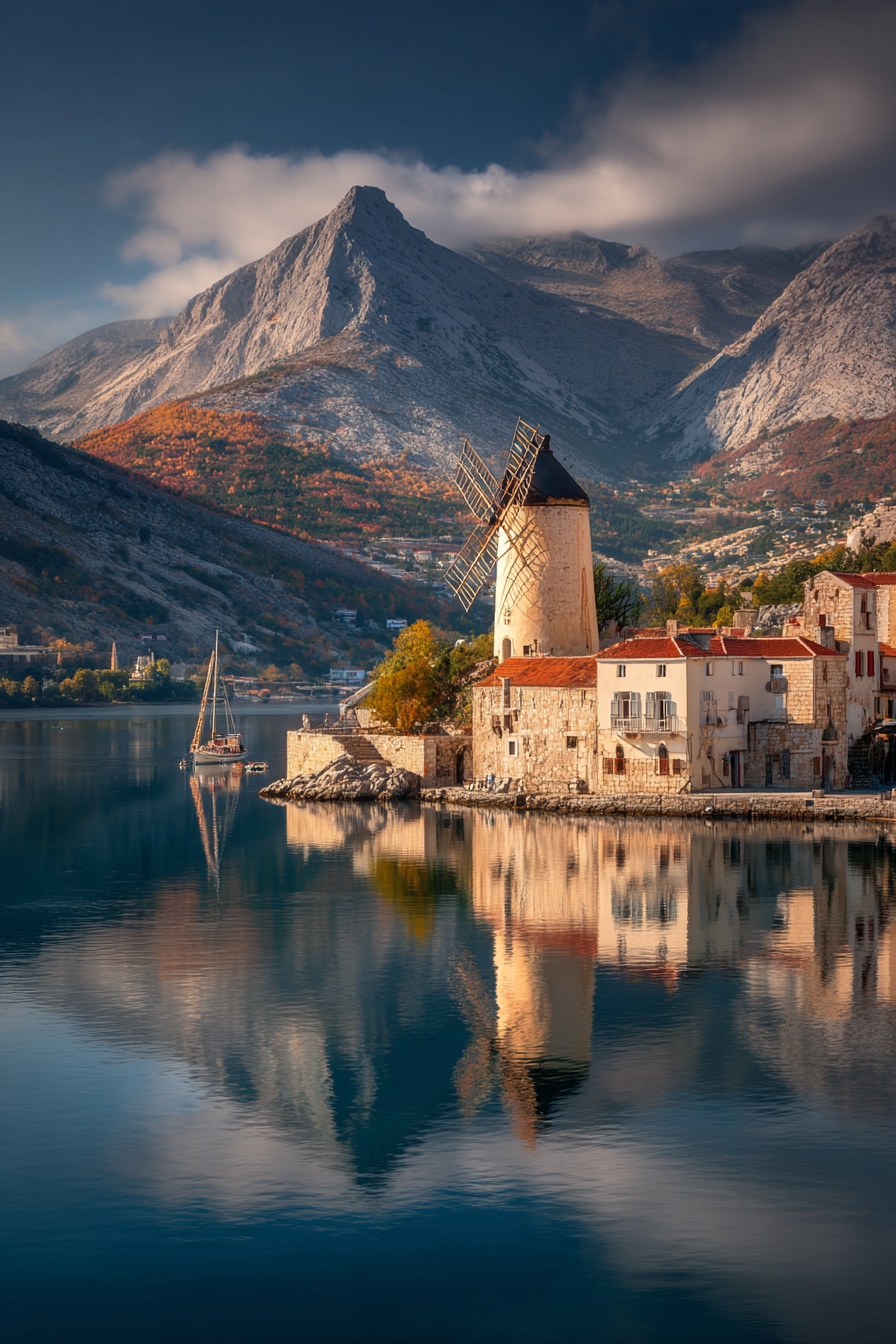 Landschaft Mit Windmühle Und Wasser Sonnenaufgang Oder Sonnenuntergang | Windmuehlen Leuchttuerme Bruecken | Architektur