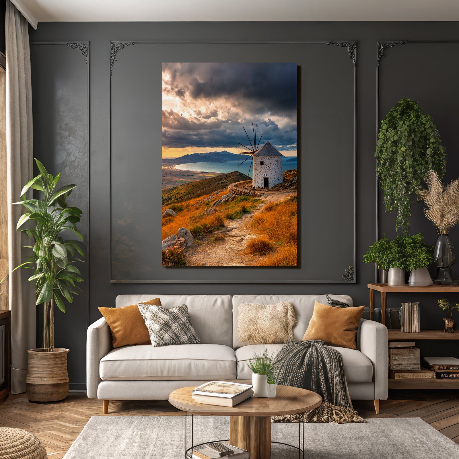 Malerische Landschaft Mit Windmühle Hügel Und Wasser Beim Sonnenuntergang